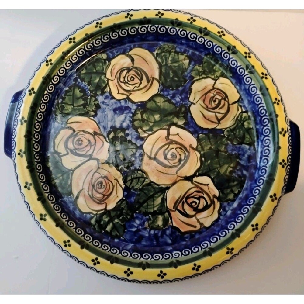 Polish Pottery Cabbage Roses Round Tray Handles Cake Plate Platter Boleslawiec